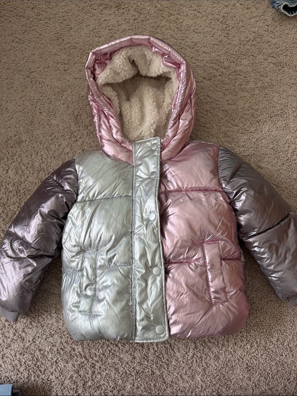 GAP Metallic Pink and Silver Colorblock Puffer Jacket with Sherpa Hood